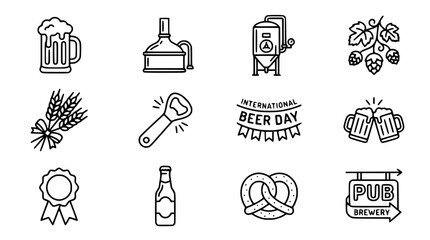 Fototapeta premium Beer Icons Collection: Mug, Hops, Brewery, Pretzel, Wheat, Bottle Opener, Beer Day