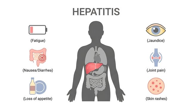 Hepatitis symptoms infographic showing human liver anatomy with common signs like jaundice, fatigue, nausea, and joint pain for medical education