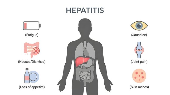 Medical infographic showing human anatomy and common symptoms of hepatitis infection including jaundice fatigue and joint pain