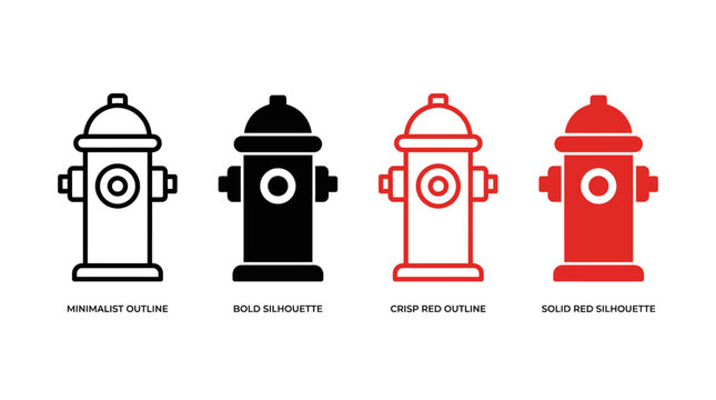 Four fire hydrant icons horizontally arranged: minimalist outline, bold silhouette, crisp red outline, and solid red silhouette, showing design contrasts.