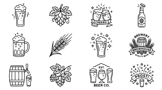 Beer Icons Set: Glasses, Hops, Barrel, Bottle, Wheat, Brewery, Cheers, Prost