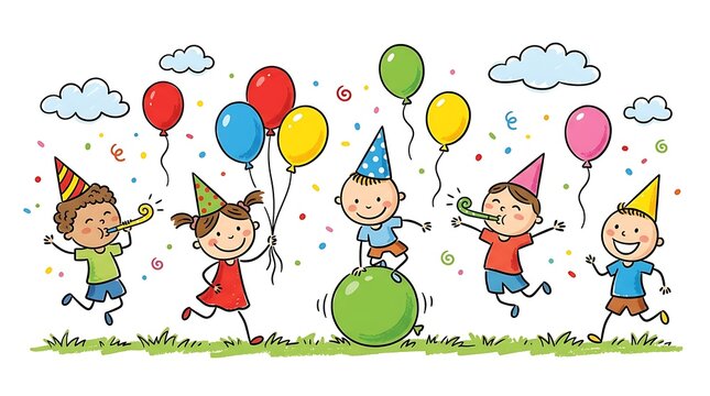 Group of happy children wearing party hats celebrating with colorful balloons and confetti in a whimsical hand-drawn cartoon style