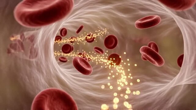 Cortisol hormone flows through bloodstream among red blood cells causing stress response in medical concept of blood vessel circulation regulating vital health and biology system balance