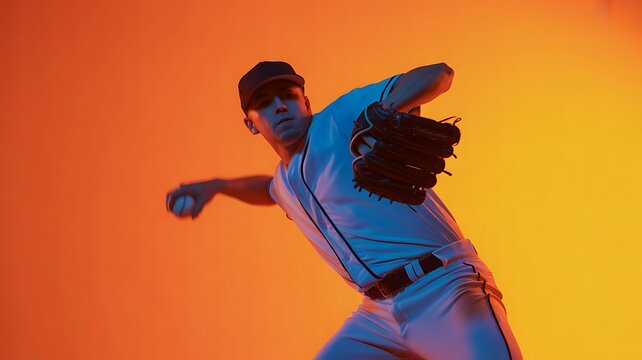 Dynamic low angle view of baseball pitcher throwing ball under vibrant neon studio lighting