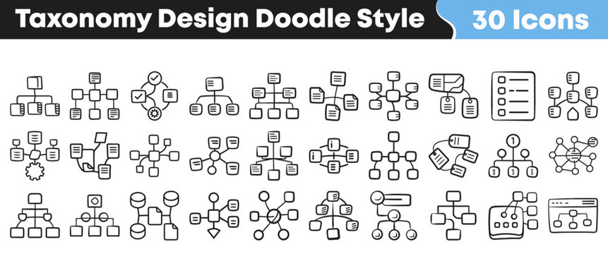 Hand drawn collection of thirty taxonomy and organizational chart icons