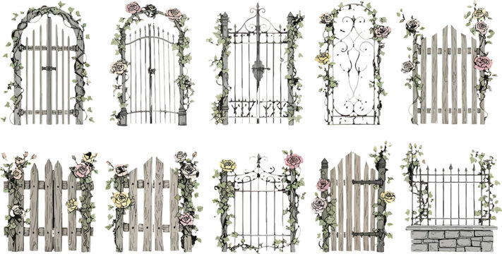 Set of decorative garden gates and wooden fences with climbing roses and floral vines vector illustration