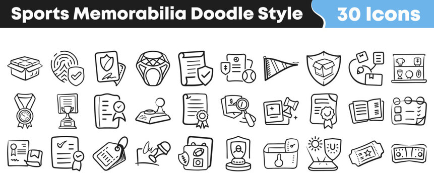 Hand drawn collection of thirty different sports memorabilia doodle icons