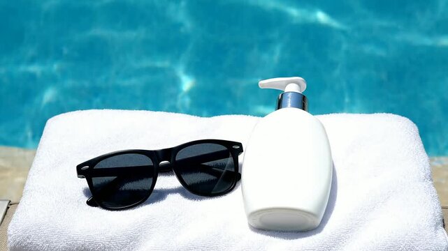 Close-Up Of Sunscreen And Sunglasses On A Poolside Chair With Water Reflections In The Background Conveying Summer Relaxation And Sun Protection Essentials