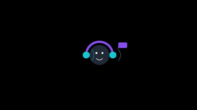 Animated smiling character with headphones and speech bubble icon