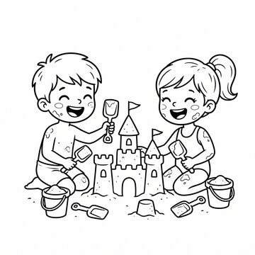 Two Happy Children Building A Sandcastle Together On The Beach With Buckets And Shovels
