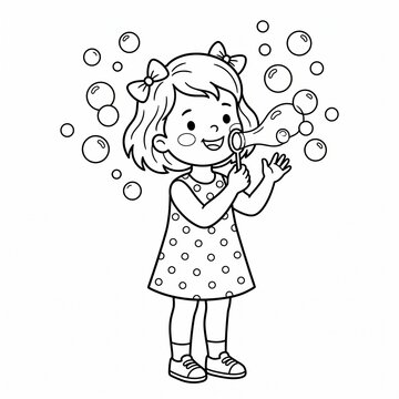 Little Girl Blowing Bubbles Playing Outdoors Happy Child With Polka Dot Dress Illustration