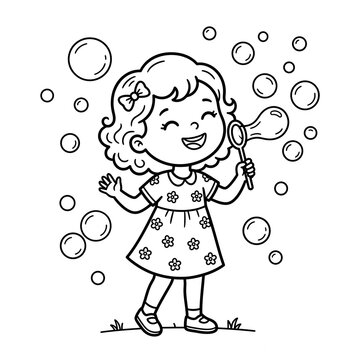 Happy Little Girl Blowing Bubbles With Bubble Wand Coloring Page Line Art Illustration