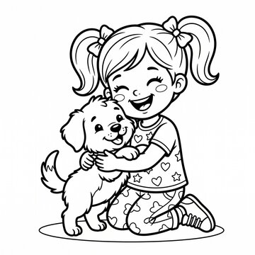 Happy Little Girl Hugging Her Puppy While Kneeling, Smiling Child With Pet Dog Illustration