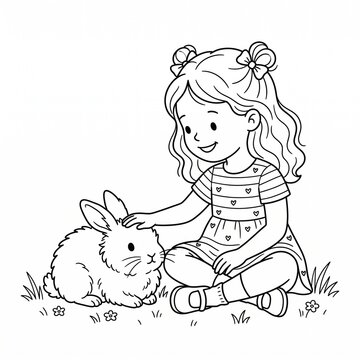 Little Girl Petting Fluffy Rabbit While Sitting on Grass &mdash; Cute Coloring Page Illustration