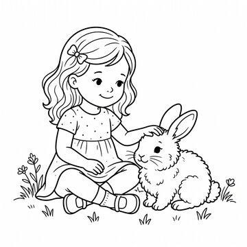 Little Girl Sitting on Grass Petting a Fluffy Bunny &mdash; Cute Child With Pet Rabbit