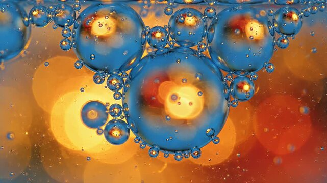 Close-up of blue and orange bubbles with internal reflections and bokeh background