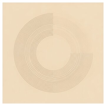 Minimalist concentric circles create an abstract pattern with varying line weight on a textured beige background.