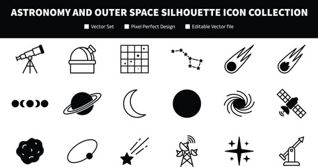 Astronomy and Outer Space Silhouette Icon Collection with Planet Galaxy and Telescope Symbols for Science Graphic Design Projects © SunilKumar