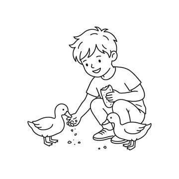 Young Boy Feeding Ducks With Bread Crumbs In Park, Happy Child Caring For Animals