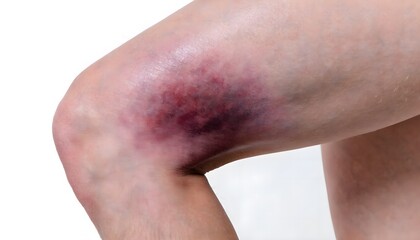 Fototapeta premium Inner thigh hematoma and skin bruising, clinical medical reference photography on clean background with detailed texture