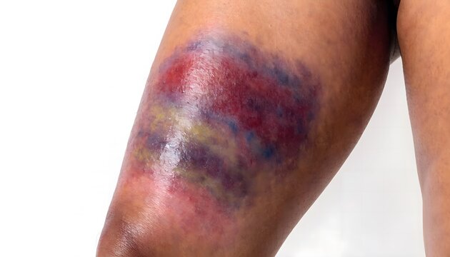 Severe inner thigh bruise and blood collection, body trauma, health insurance, and accident concept reference
