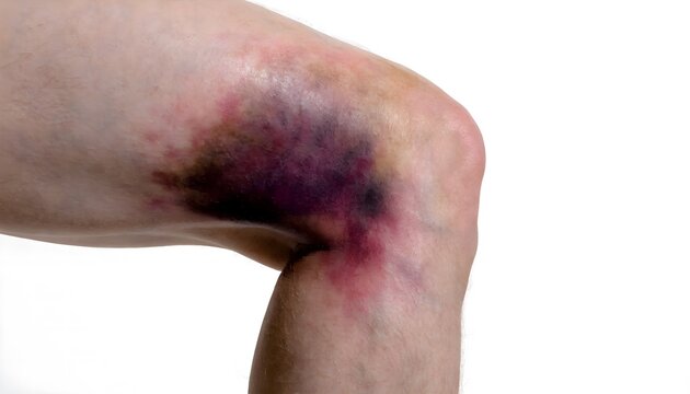 Severe inner thigh bruise and blood collection, body trauma, health insurance, and accident concept reference