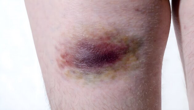 Severe inner thigh bruise and blood collection, body trauma, health insurance, and accident concept reference