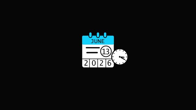 Calendar page showing June 13th with a clock and the year 2026 Keywords: calendar, june, 13, date, day, month, year, 2026, clock, time, reminder, appointment, deadline, schedule, planning, event