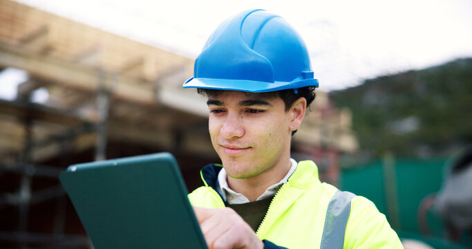 Construction site, engineer and man with tablet, building design or quality assurance outdoor. Tech, reading and architect with app for safety evaluation, development schedule and check report