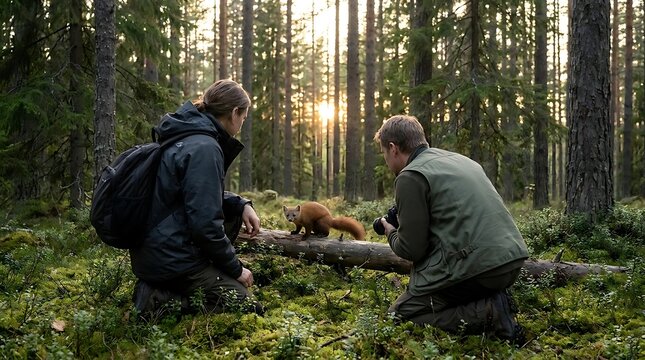 Nature photographers capturing images of squirrel in pine forest.