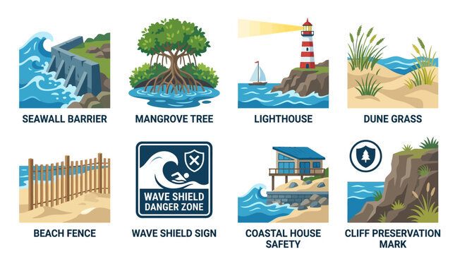 Coastal protection icons showcase structural engineering solutions and natural landscape features designed to mitigate shoreline erosion and safeguard buildings from severe weather events and waves.