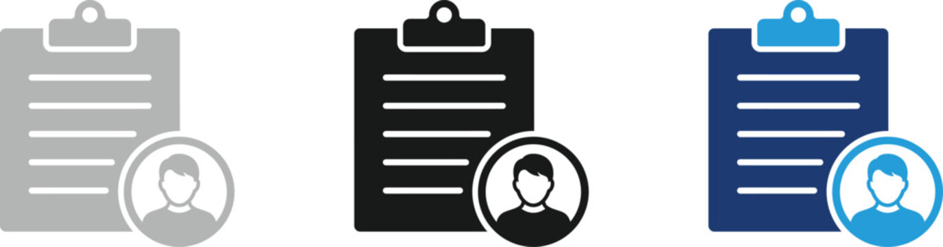 Clipboard Profile Icon Set, Employee Record Document Icons, User Information Form Symbols, HR Resume Profile Vector Collection, Clipboard UI Interface Icons Isolated on White Background