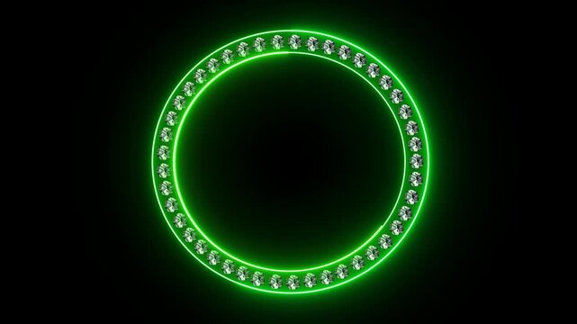 Glowing Green Circle Frame set with Sparkling Diamonds on Black