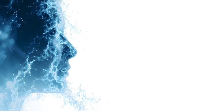 Elegant digital science backdrop showing side profile of glowing human face with bokeh