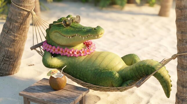 Funny alligator relaxing in hammock on tropical beach with lei and cocktail