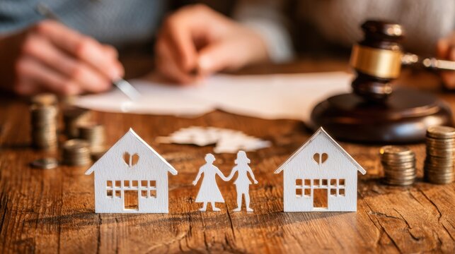 Symbolic representation of home ownership and legal proceedings involving couple, with paper cutouts of houses and figures, gavel, and financial elements in the background