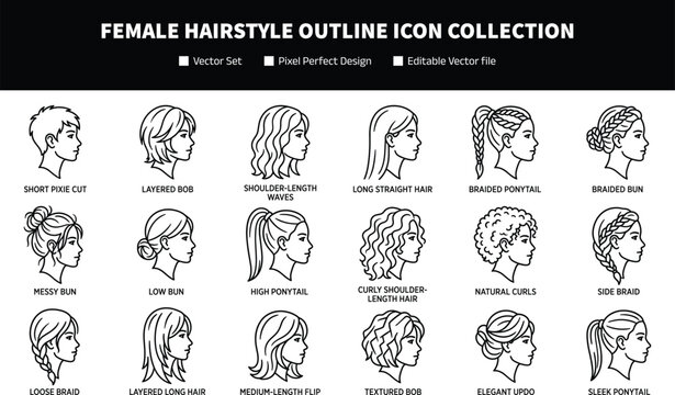 Female Hairstyle Outline Icon Collection with Various Haircut and Beauty Salon Symbols for Fashion Graphic Design Projects