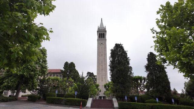Steady wide angle shot captures Sather Tower framed by vibrant green trees on a cloudy day at UC Berkeley, showcasing iconic collegiate architecture and peaceful, empty surroundings.