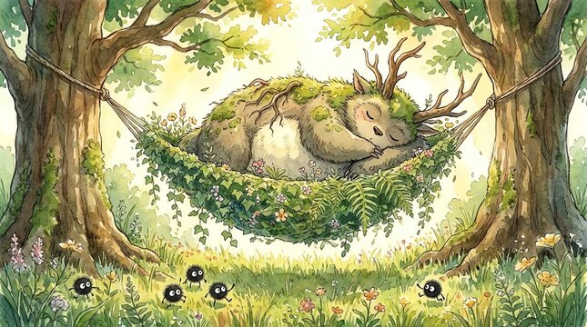Whimsical forest spirit sleeping in a leafy hammock between two trees, surrounded by tiny creatures.