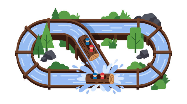 Log flume amusement park water ride flat vector illustration