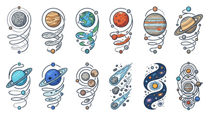 Colorful Planets and Space Elements Illustration Set. © Rapli