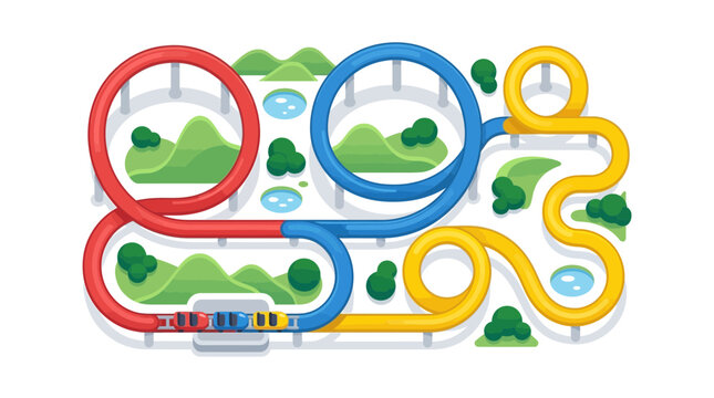 Colorful Flat Vector Illustration of Amusement Park Roller Coaster Track