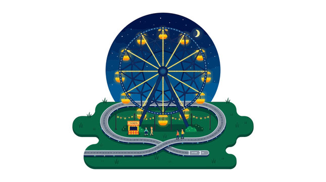 Amusement Park Landscape with Ferris Wheel and Roller Coaster Illustration