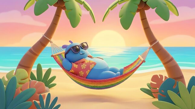 Happy Hippo Relaxing in Hammock on Tropical Beach at Sunset