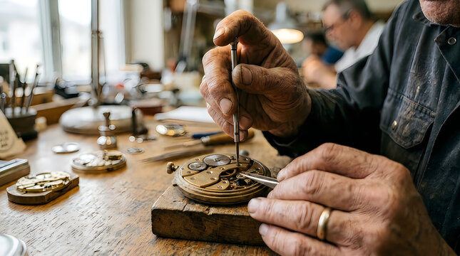 A skilled watchmaker working at a cluttered wooden workbench using precision tools to repair the intricate internal mechanism of a watch