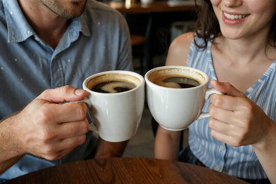 Close up Shot of Two Couple Hands Holding Steaming Coffee Cups with Latte Art in a Cafe