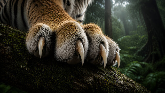 Tiger Paw Resting on Mossy Tree Trunk Showing Sharp Claws in Natural Forest Habitat