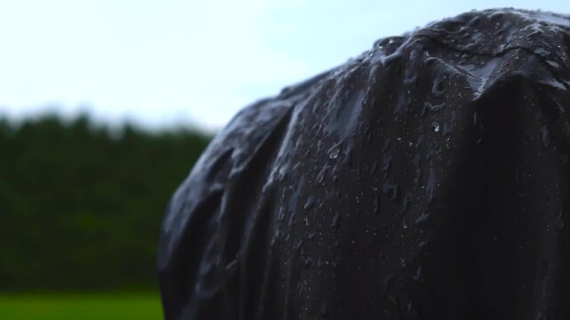 Slow motion raindrops beading on the surface of a black waterproof hooded jacket during a storm, with a blurry green and sky background representing the concept of weather protection