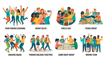 Fototapeta premium Friends engaging in various social activities including cheering, taking group selfies, hugging in circles, picnicking, dancing, walking, playing games, and waving create a sense of community.