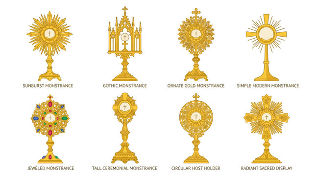 Monstrance collection features eight distinct gold Catholic liturgical vessels designed for the public veneration of the blessed sacrament in a detailed and symmetrical graphic art composition style.